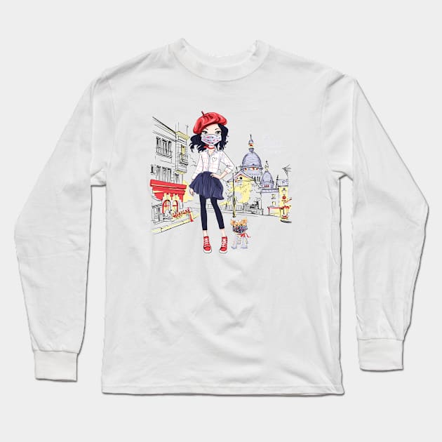 Girl in Paris walks a dog on quarantine Long Sleeve T-Shirt by kavalenkava